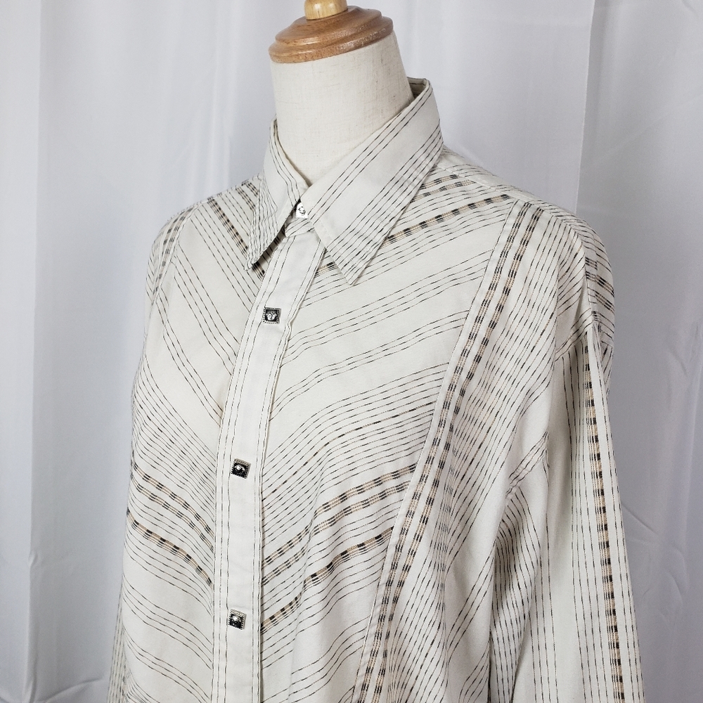 Vintage Versace Striped Button Up Shirt with Pearl Snap Medusa Logo Buttons 2XL